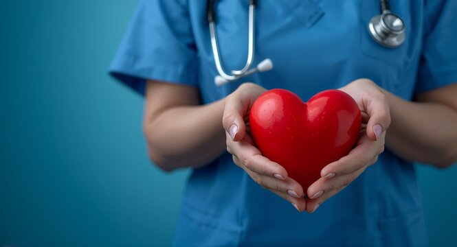 Photo realistic as Nurse with Heart and Hands concept as An image of a nurse with a heart symbol and hands set against a dreamy background offering ample space for text or graphics symbolizing the com