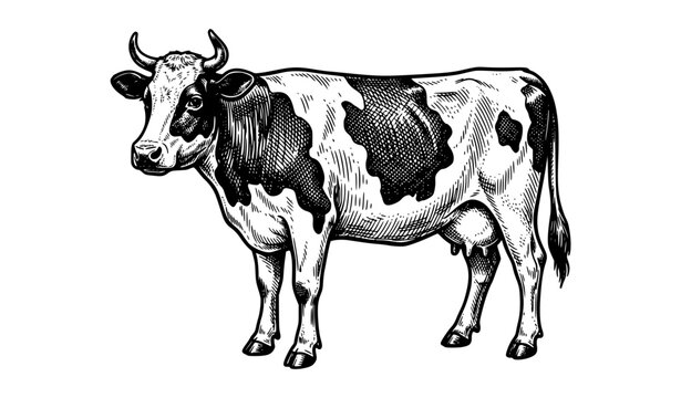 Detailed vintage cow drawing in black and white engraved style rustic vector artwork