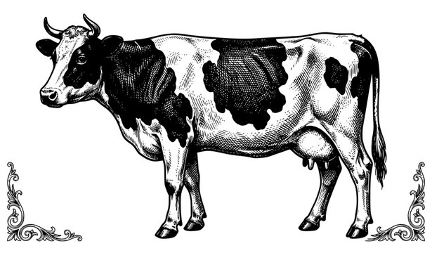 Vintage cow engraving illustration with detailed black and white livestock sketch vector