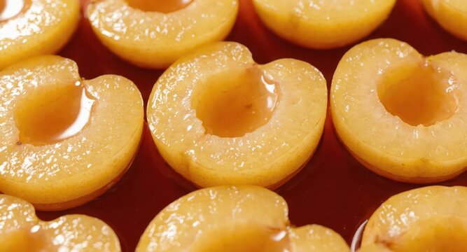 Close up of halved peaches in syrup showing glossy flesh and syrupy liquid. repetitive composition emphasizes texture color and food preservation concept.