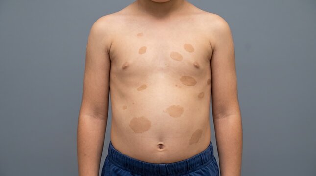 Front view of young boy torso showing light brown cafe au lait macules on skin