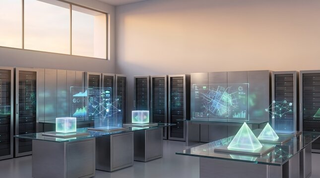 Futuristic Data Center with Digital Holograms and Servers