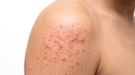 Fototapeta premium Close up shot of red acne papules rash and inflammation on male shoulder skin