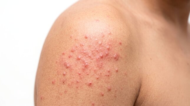 Close up shot of red acne papules rash and inflammation on male shoulder skin