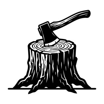 Vintage axe stuck in tree stump illustration black white woodcut style