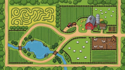 Naklejka premium Top down view of a cartoon farm with fields, barn, animals, and a maze