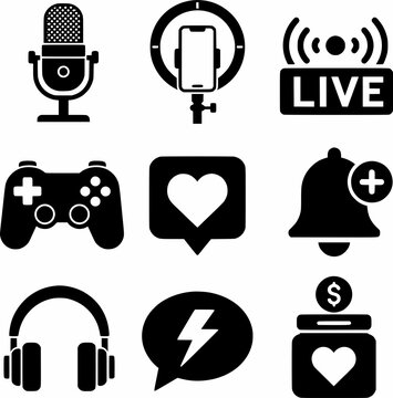 Live Streaming and Gaming Content Creator Icon Set - Black and White Vector Symbols