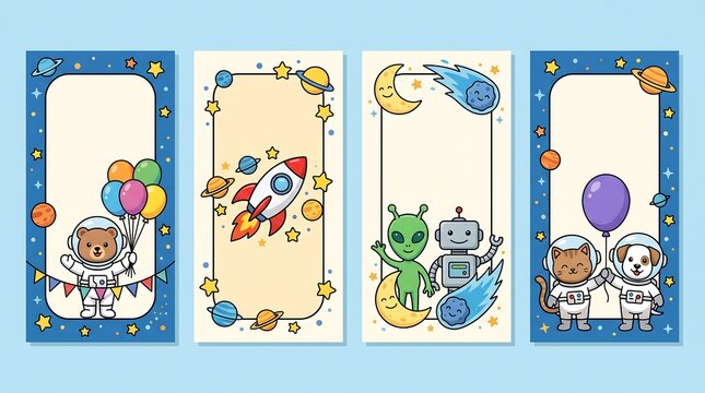 Set of four cute space themed vertical frames with astronauts and alien illustrations