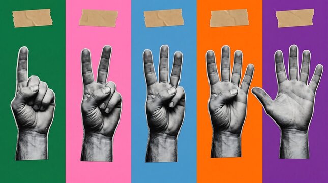 Human hands showing numbers one to five on colorful vertical background panels