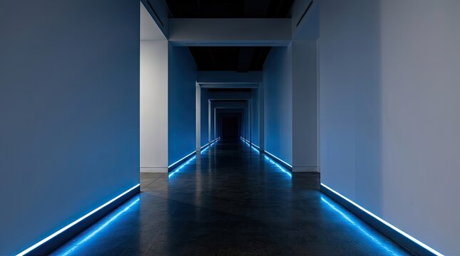 Futuristic dark corridor with blue glowing led floor lighting