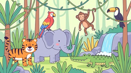 Naklejka premium Cute jungle animals illustration with elephant tiger monkey parrot and toucan in nature