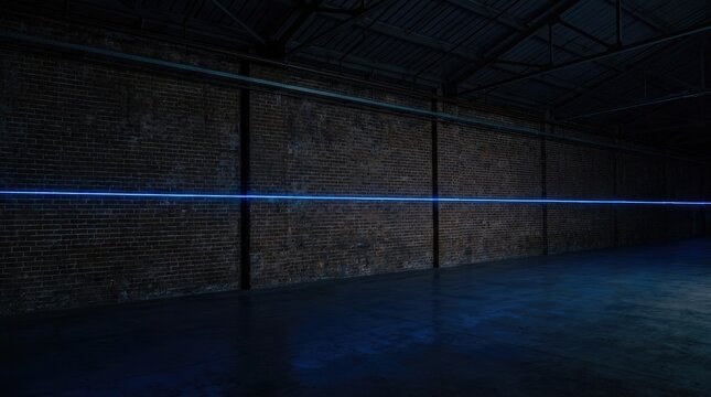 Neon blue laser light line in dark industrial brick warehouse interior