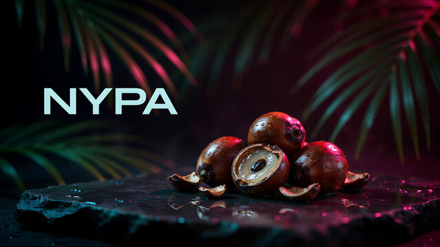 Fresh nypa fruit clusters arranged on a dark stone surface with neon lighting and tropical leaves