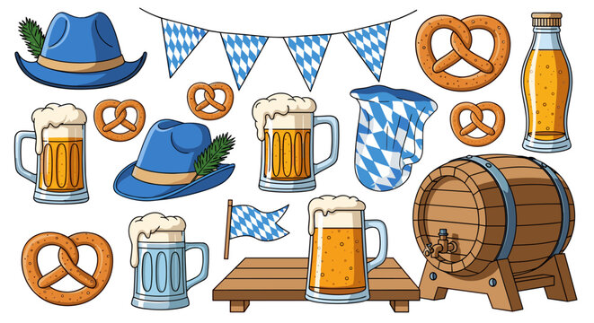 Oktoberfest celebration vector illustration set featuring beer mugs with foam, salty pretzels, blue Bavarian hats with feathers, wooden beer barrel, and blue checkered flags on white background.