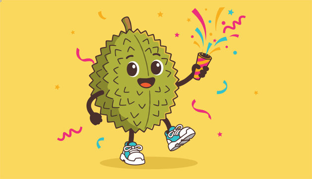 Cute durian fruit cartoon character walks happily while holding a party popper with colorful confetti flying.