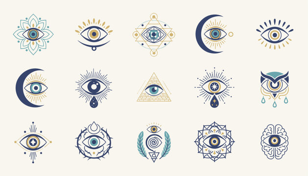 Collection of mystical eyes and celestial symbols includes crescent moons, stars, and triangles in a vector set.