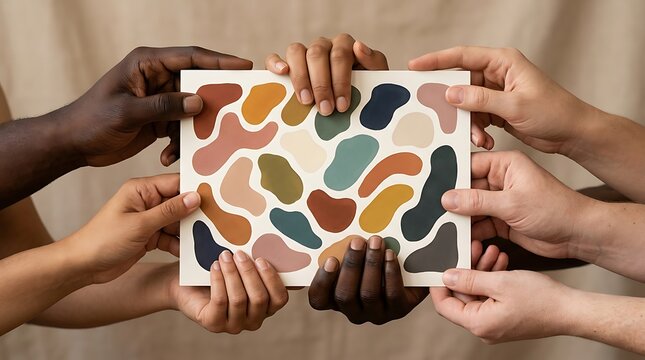 Diverse hands holding abstract art card, multicultural community unity concept, inclusive teamwork and cooperation in earth tones