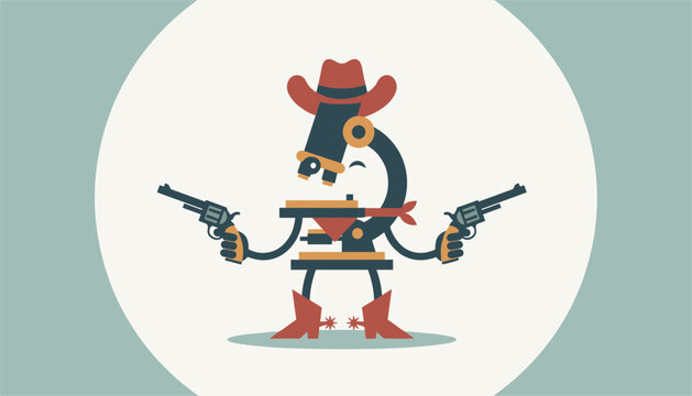 Funny cartoon microscope character dressed as a wild west cowboy holding dual revolvers and wearing a brown hat and boots.