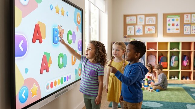 Diverse group of young children interact with a large touch-screen whiteboard in a bright, modern preschool classroom learning the alphabet.