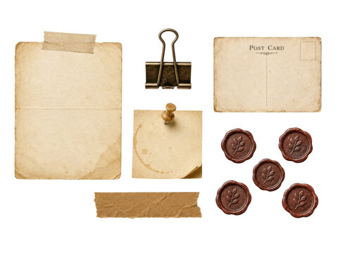 Vintage paper collection with bronze binder clip antique postcard and brown wax seal stamp kit.