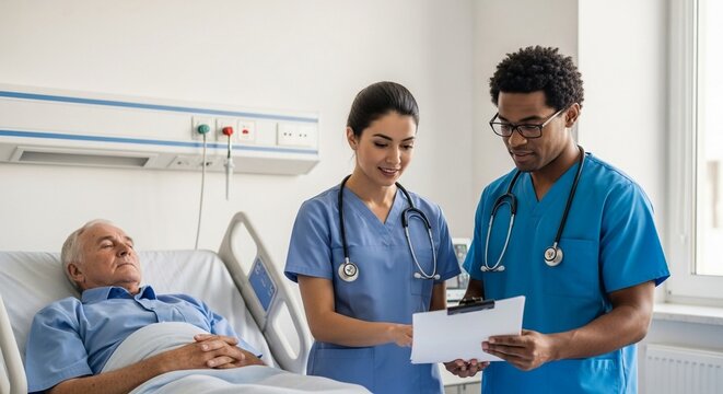 Doctor and Nurse Collaborating in Hospital Room Discussing Patient Chart with Stethoscopes