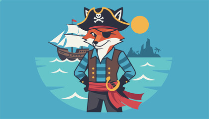 Fototapeta premium Cute fox pirate character wearing a captain hat and eyepatch standing proudly in front of a sailing ship at sea.