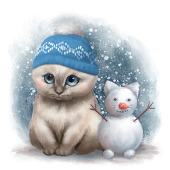 Hand-drawn Christmas siamese kitten blue hat snow cat illustration