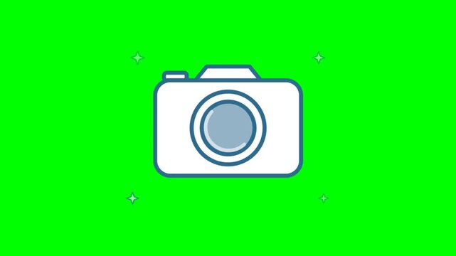 Camera icon animation with sparkling stars, photography and snapshot symbol motion graphic on chroma key green screen background