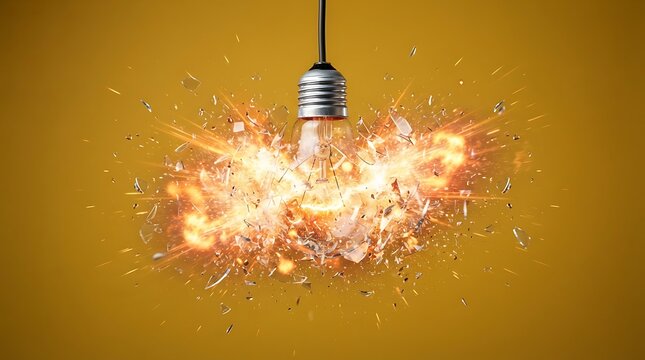 Exploding incandescent light bulb with shattering glass shards, bright orange sparks, and glowing filament against a solid mustard yellow background