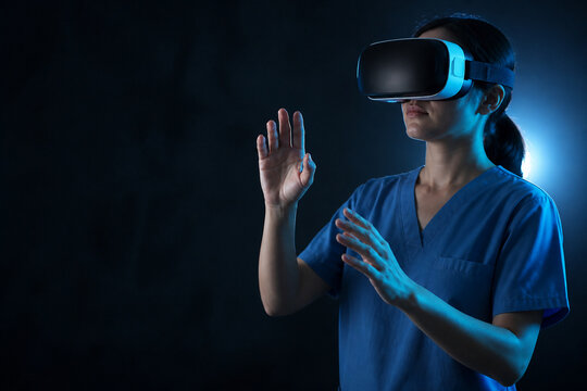 Generative AI image of a trainee in scrubs wearing a virtual reality headset with hands raised in mid gesture with professional medical stock styling and commercial copy space.