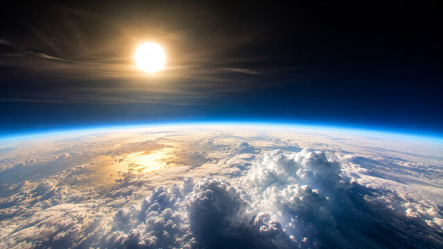 Sunrise Above Earth&rsquo;s Curved Horizon with Glowing Atmosphere and Cloudscape