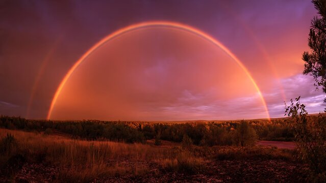 Stunning vibrant sunset rainbow arching over a dark silhouetted landscape.