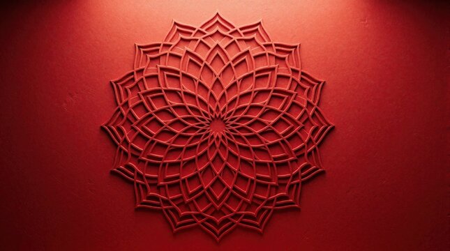 Red mandala pattern carved on textured wall. Intricate geometric design with symmetry and detail. Abstract art creates calm and harmony for meditation, yoga, or backgrounds.