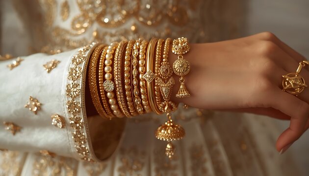Close-up of a woman wearing traditional gold bangles and bridal jewelry on her wrist
