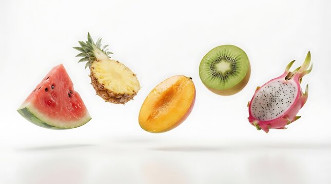 Fresh Mixed Tropical Fruits Floating in Air Against White Background for Healthy Food and Diet Advertising Campaign
