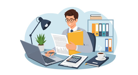 Fototapeta premium Professional accountant reviewing financial documents at a desk with laptop and calculator
