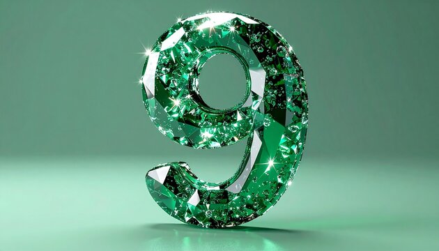 Luxurious Sparkling Green Emerald Jewel Number Nine 3D Rendering