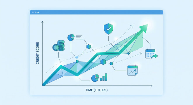 Upward chart visualizes predictive credit analytics, score growth, PD estimates, and portfolio monitoring.
