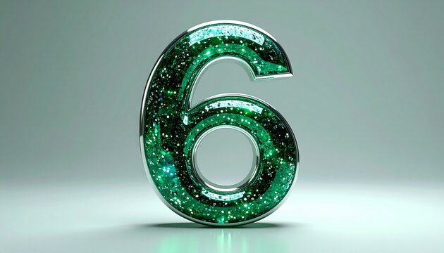 Shimmering green glitter number six with chrome border in 3D