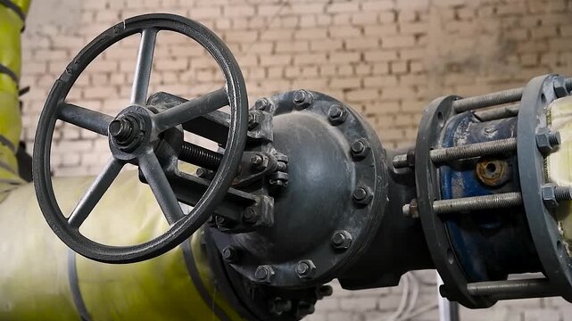 Pipes, shut-off valves and pumps of the heating system in an industrial boiler room