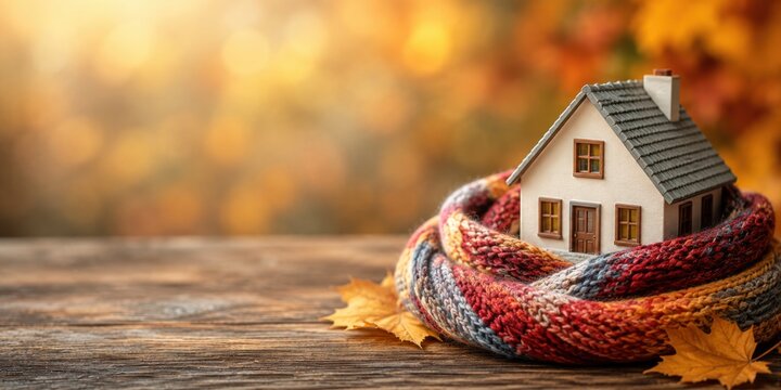 Cozy miniature house wrapped in a warm knitted scarf on an autumn table, symbolizing real estate, home ownership, property protection, mortgage, housing. Advertising banner with copy space