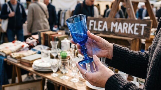 Blue vintage glass goblet held at a flea market surrounded by secondhand goods, symbolizing antique shopping, sustainable consumption, collecting, resale