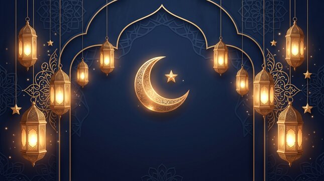 Ramadan Kareem greeting background with glowing crescent moon star and golden arabic lanterns