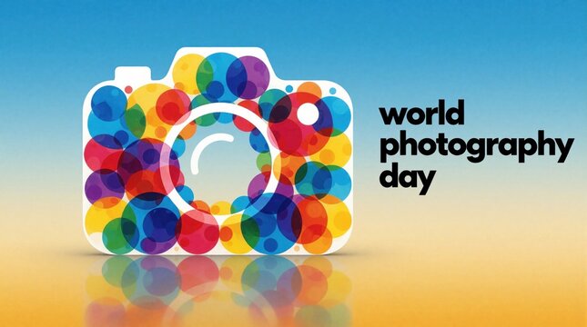 Colorful camera icon with many bright circles on gradient background. Modern graphic design for World Photography Day event. Abstract digital lens illustration features rainbow colors, creative