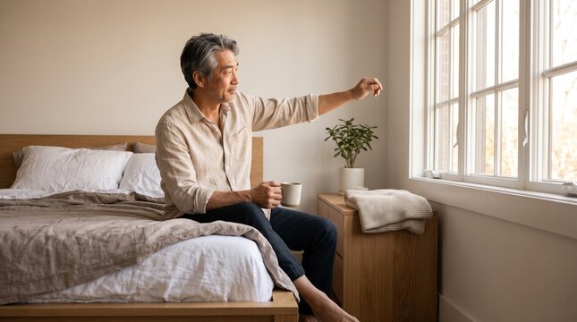 Asian man resting on bed with coffee in morning light