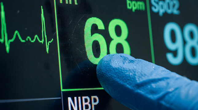 Close up of a medical monitor showing vital signs with a gloved finger pointing at heart rate.