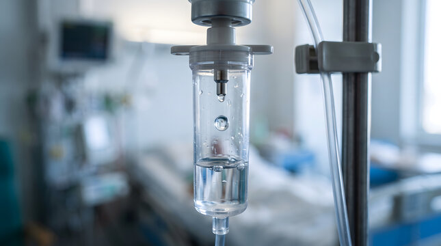 Close up of an intravenous IV drip chamber in a hospital setting.