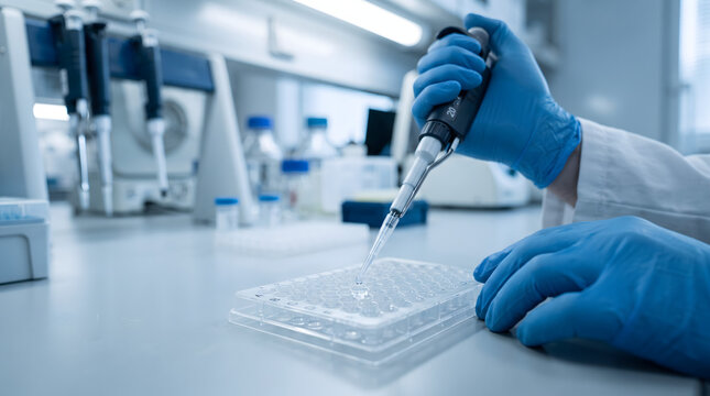 Close up of scientist hands in blue gloves using a precision pipette on a multiwell plate in a modern laboratory.