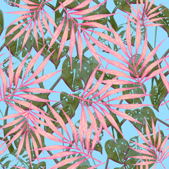 Jungle seamless print on a blue background. Tropical foliage watercolor pattern  © AineGing