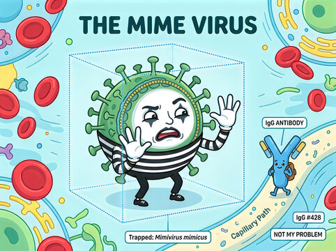 Cartoon virus character with angry face and antibodies in microscopic world